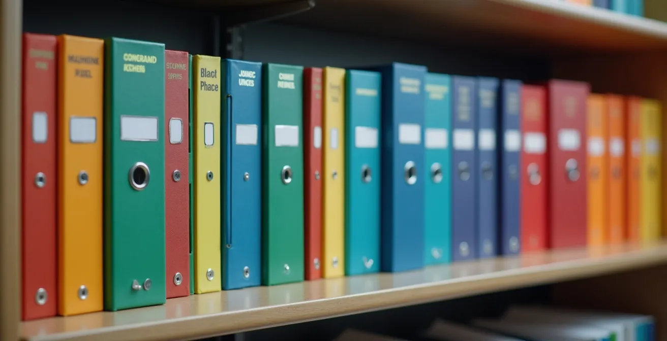 Illustration montrant une rangée de classeurs à codes couleurs distincts représentant différents départements d'une entreprise