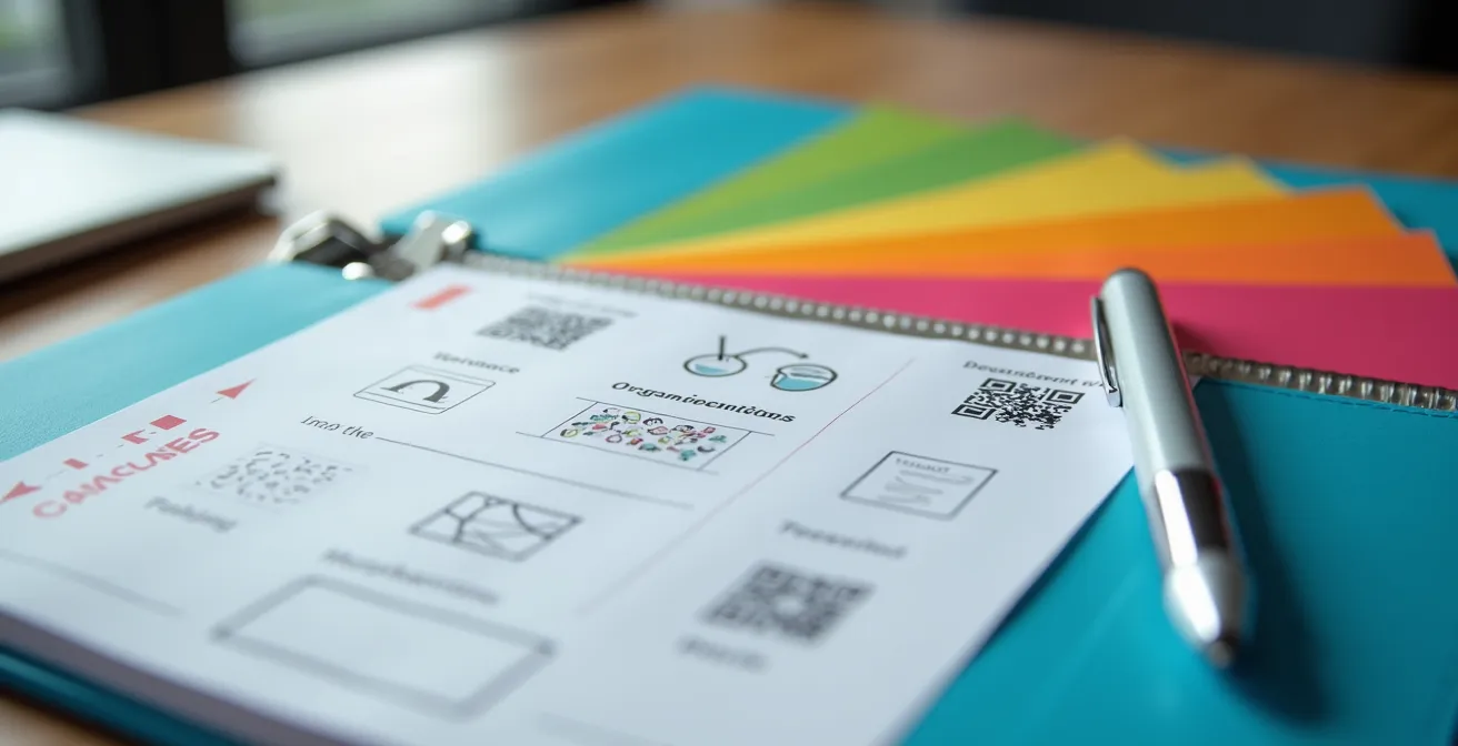 Illustration d'un classeur personnalisable avec intégration de QR codes et espace pour annotations