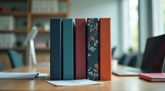 Illustration principale représentant un bureau moderne avec des classeurs personnalisés aux designs élégants et variés reflétant l'image d'une entreprise organisée et professionnelle