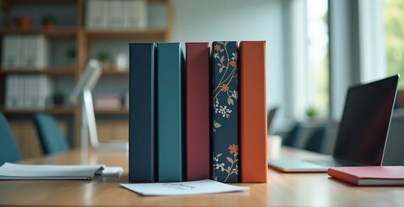 Illustration principale représentant un bureau moderne avec des classeurs personnalisés aux designs élégants et variés reflétant l'image d'une entreprise organisée et professionnelle