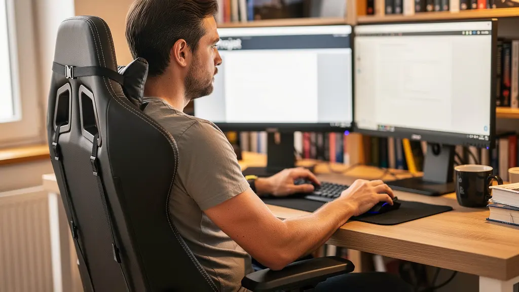 Télétravailleur concentré sur son écran dans un fauteuil gamer ergonomique, bureau à domicile
