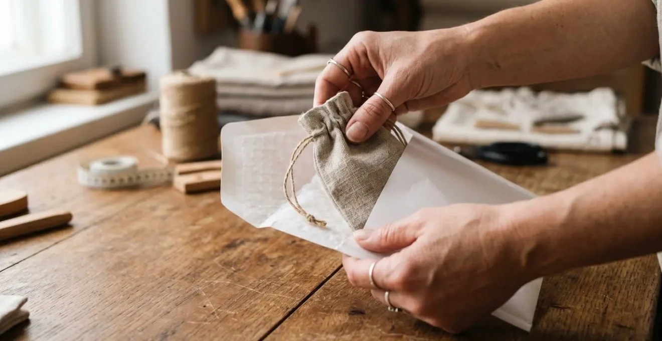Main d'artisan glissant une petite pochette tissu contenant un bijou dans une enveloppe matelassée kraft blanc ouverte