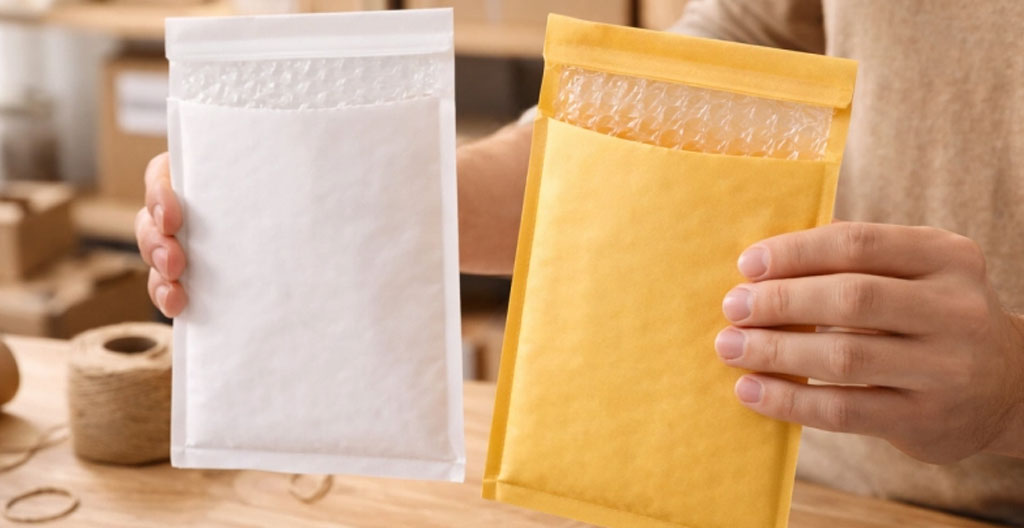 Trois enveloppes matelassées côte à côte sur fond neutre : kraft brun, kraft blanc et polyéthylène gris, présentant leurs faces et leurs soufflets