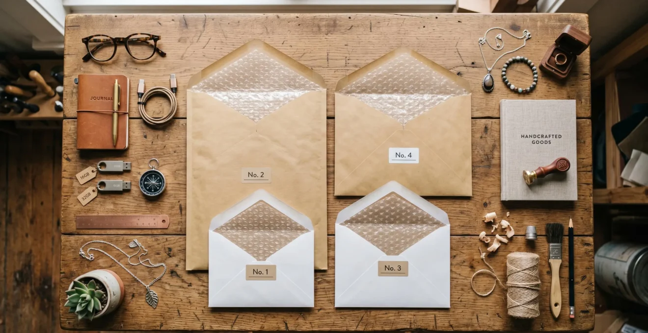 Série d'enveloppes matelassées kraft ouvertes posées sur un établi d'atelier artisanal, avec des petits objets fragiles autour