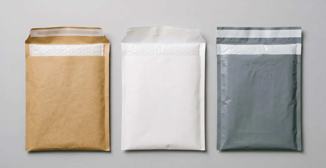 Trois enveloppes matelassées côte à côte sur fond neutre : kraft brun, kraft blanc et polyéthylène gris, présentant leurs faces et leurs soufflets