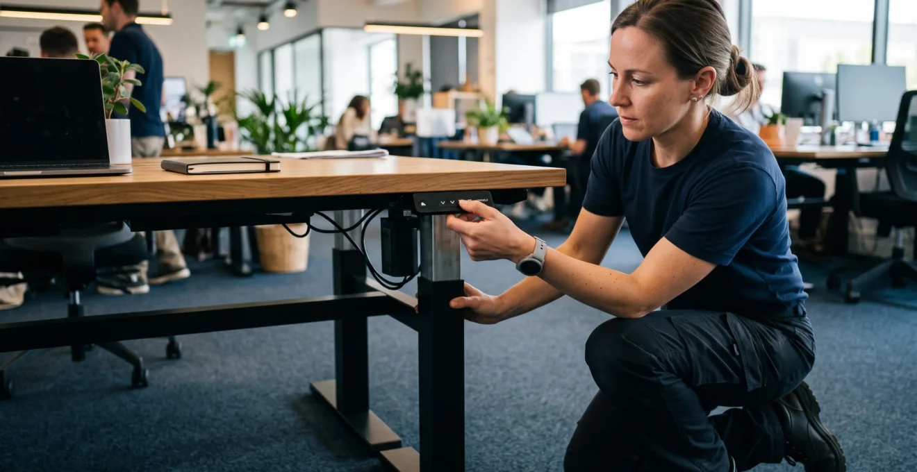 Technicien ajustant la hauteur d'un bureau professionnel réglable lors de l'installation de mobilier ergonomique.