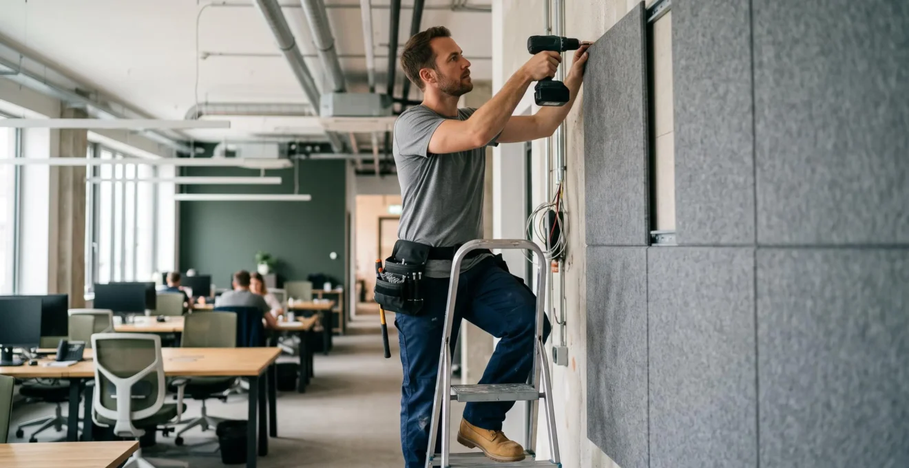 Installateur fixant un panneau acoustique mural dans un espace de bureaux open space pour améliorer le confort sonore.