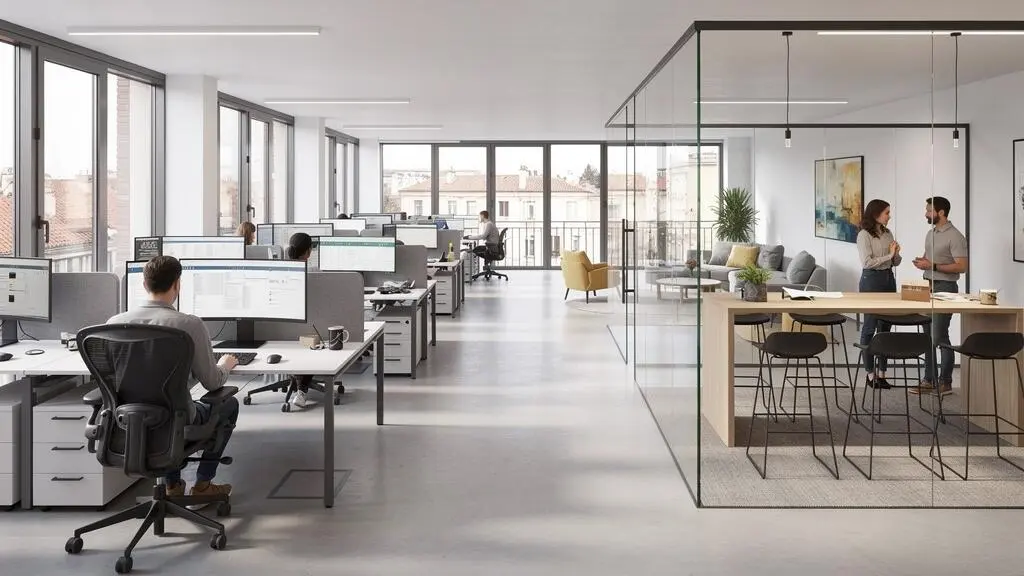 Vue en plongée d'un espace de bureaux moderne montrant l'organisation spatiale avec zones de travail individuelles et espaces collaboratifs délimités.