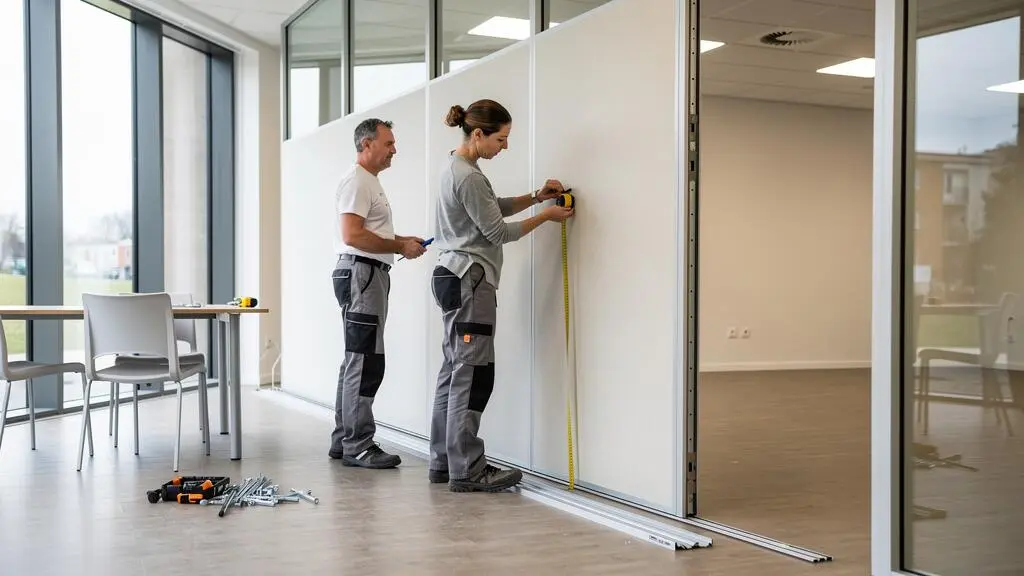 Deux professionnels installant une cloison modulable dans un espace de bureaux moderne à Toulouse, avec grandes fenêtres et lumière naturelle.